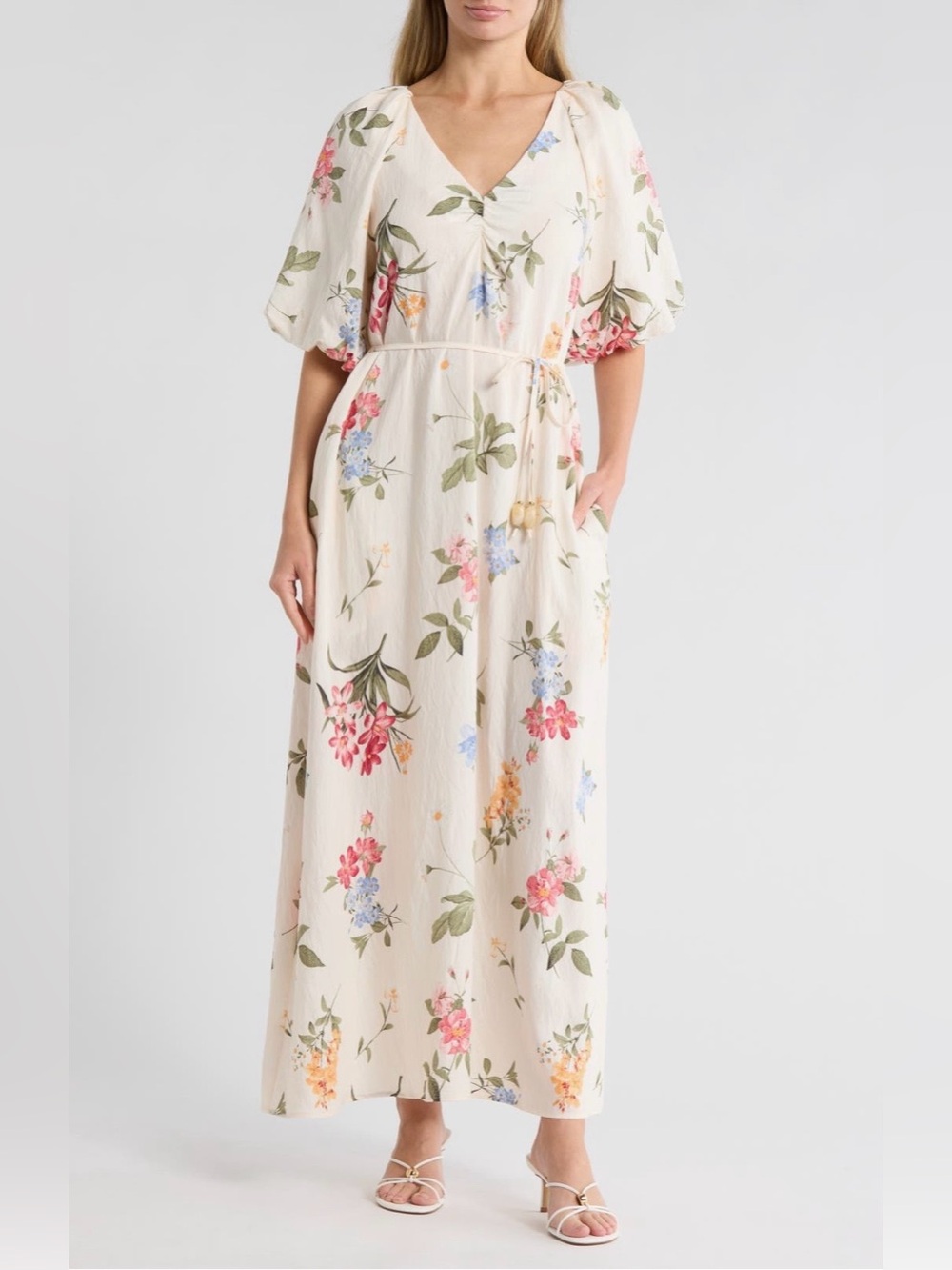 Ellen Tracy Floral Puff Sleeve
Maxi Dress, Beige/Garden Floral, Medium